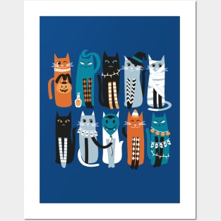 High Gothic Halloween Cats // print // blue background orange turquoise blue white and black kittens Posters and Art